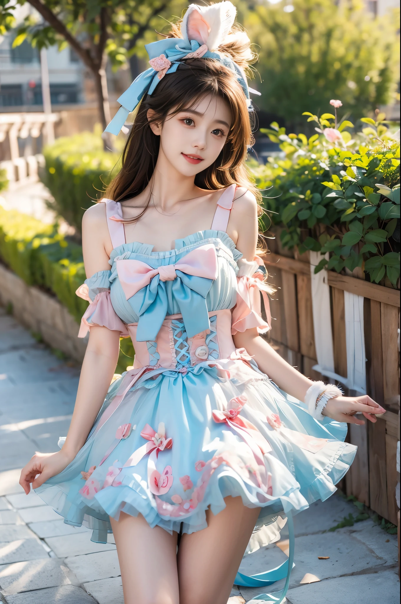 sweet_Lolita (best quality, masterpiece:1.2), tianfeng1, Extremely detailed, (Practical:1.37), beautiful, youth, Charming female model, sweet smile, Sweetheart girl, Warm colors, ((Full body view，Bend your knees naturally，Skin is firm and smooth)), ((Random scenes，Random shooting angles)), ((Elegant and natural gesture)), (big eyes, Exquisite eyes, Delicate lips, Exquisite eyes), Available in white and floral pattern, Show a bright smile, fit, Full breasts, ((Large Breasts)), Long legs, Create a stunning photo of a girl