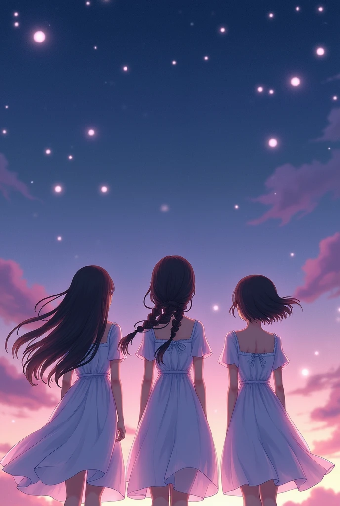 Three real realistic anime ladies standing backwards looking at the sky , wearing pretty white dresses, first one has long burnette hair, second one has burnette braids, third one has short burnette hair, the background is pastel purple/dark blue with stars