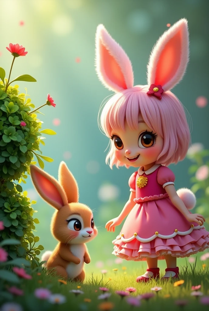Bun Bun the bunny is sitting next to Princess Pip, Princess Pip is a tall kid with a big smile and a bright pink dress, and pink shirt hair. Bun Bun looking up at her with big, brown eyes. He points his nose towards a bush., and found Princess Pip big, sparkly button behind the bush.