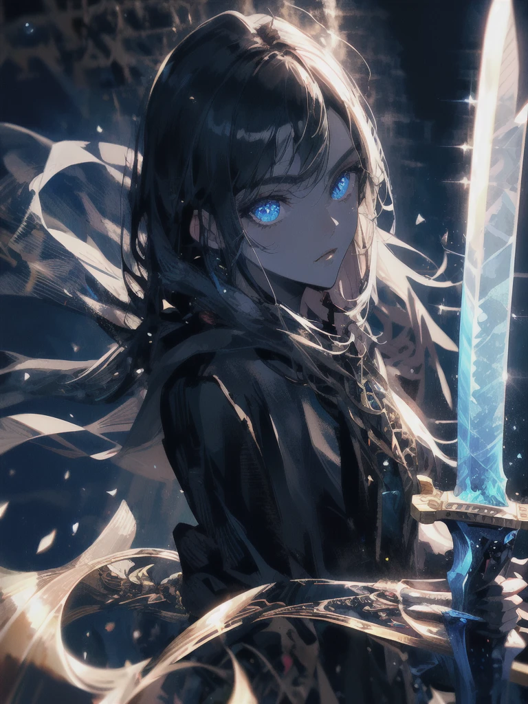 Holding a one-handed sword、Please take the black sword.、((masterpiece, highest quality, Super detailed, High resolution)), alone, beautiful girl, shining eyes, perfect eyes, 15 years old, black white gold theme,
