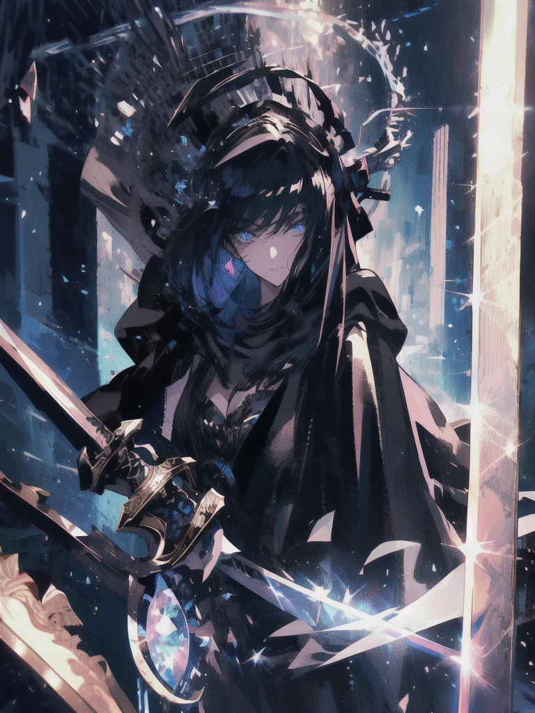 Holding a one-handed sword、Please take the black sword.、((masterpiece, highest quality, Super detailed, High resolution)), alone, beautiful girl, shining eyes, perfect eyes, 15 years old, black white gold theme,