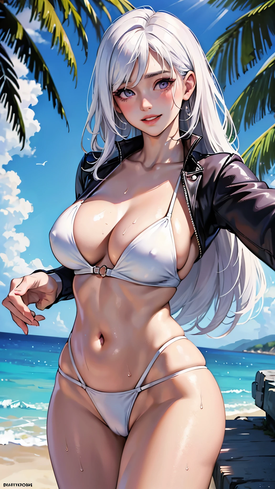 (masterpiece, best quality), realistic photo, instagram, vivid color, high dynamic contrast, selfie, 1girl, white hair, purple eyes, parted lips, blush, makeup, light smile, bikini, beach, sweat, wet, light rays, glow, thighs, collarbone, narrow waist, (masterpiece), wallpaper,