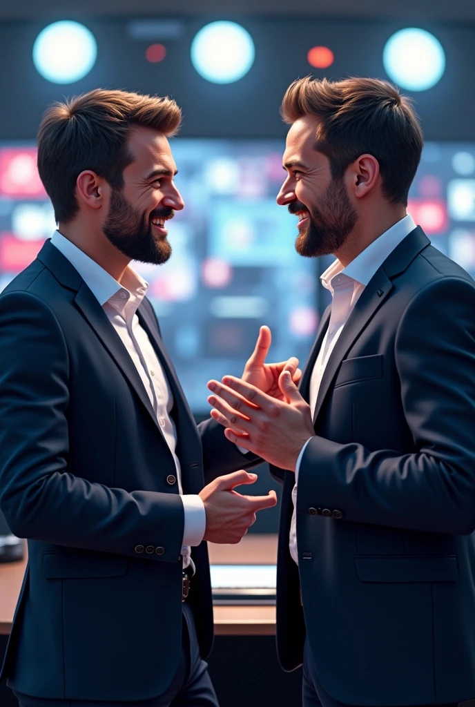 Creat a 2d image of two guys talking in a broadcast 