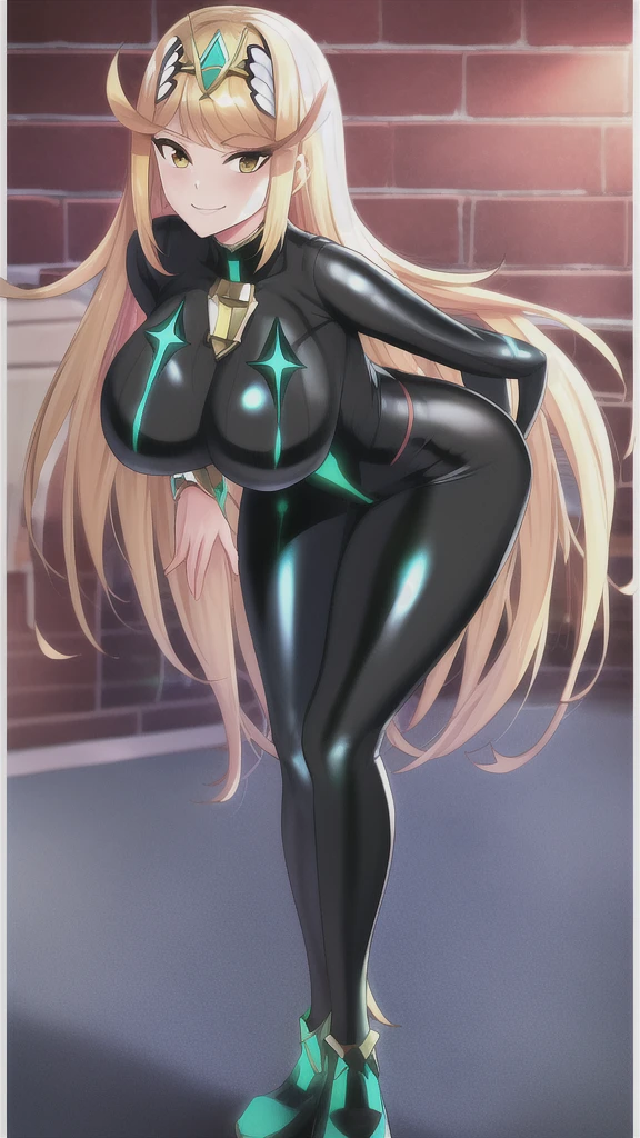 mythra, 1girl, solo, long_hair, breasts, looking_at_viewer, smile, bangs, blonde_hair, large_breasts, yellow_eyes, red_bodysuit, black_bodysuit, latex, cellar, dark, smirk, hand_on_own_hip, hanging_breasts, from_below, (leaning_forward:1.2)