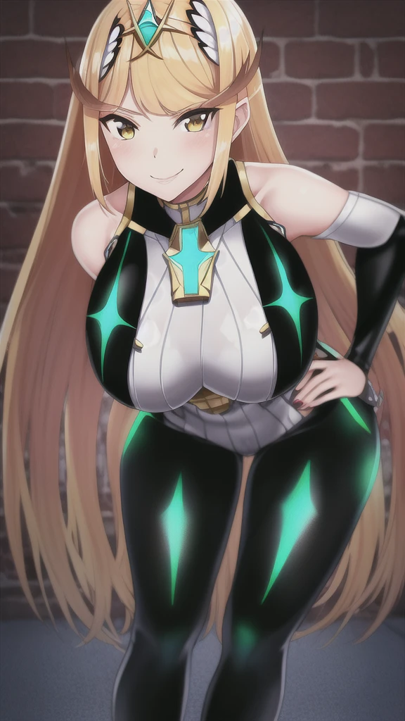 mythra, 1girl, solo, long_hair, breasts, looking_at_viewer, smile, bangs, blonde_hair, large_breasts, yellow_eyes, red_bodysuit, black_bodysuit, latex, cellar, dark, smirk, hand_on_own_hip, hanging_breasts, from_below, (leaning_forward:1.2)