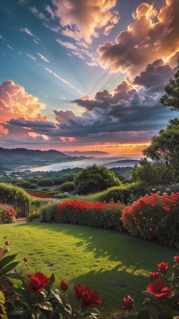 a beautiful lush garden, red flowers in bloom, serene and peaceful landscape, dynamic lighting, dramatic sky with clouds, (best quality,4k,8k,highres,masterpiece:1.2),ultra-detailed,(realistic,photorealistic,photo-realistic:1.37),vibrant colors,warm color tones,natural lighting,stunning scenery,breathtaking vista,cinematic composition,environmental portrait