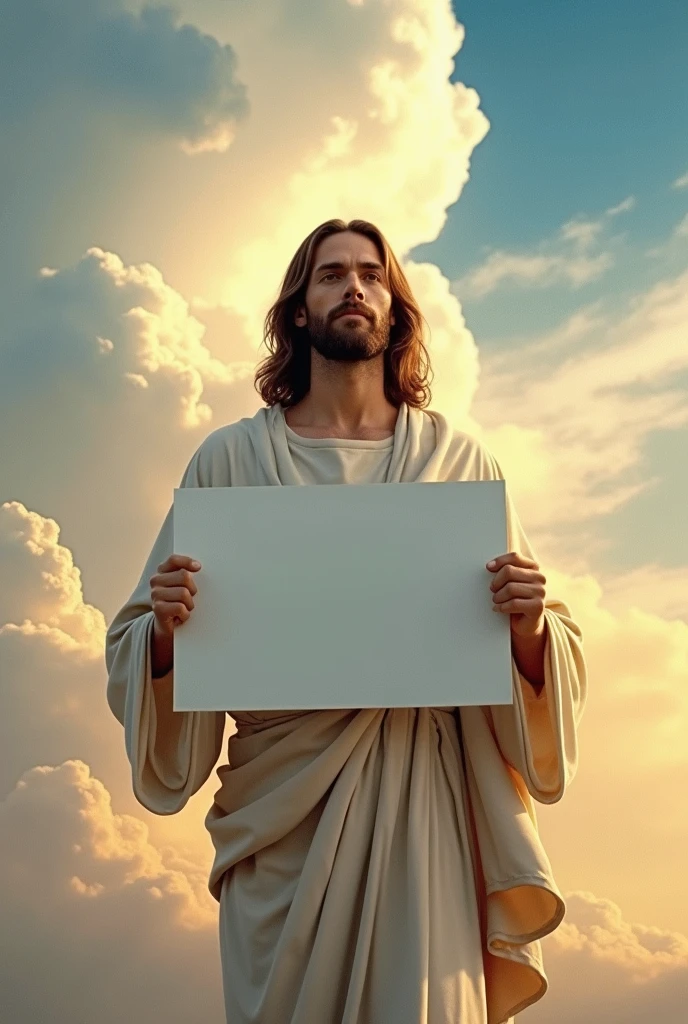Wonderful Jesus Christ holding a blank sign with a splendid sky in the background