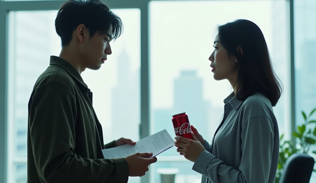 portrait of a Korean beautiful woman and a man, in office, The boy gave the girl a can of coca-cola, the girl was surprised, daylight, cool light, professional image, professional picture, high quality portrait, photo portrait, an epic non - binary model, professional portrait, photo still, color portrait, creative coder with a computer, cinematic lens , photography , her face is grimace, looking at documents,