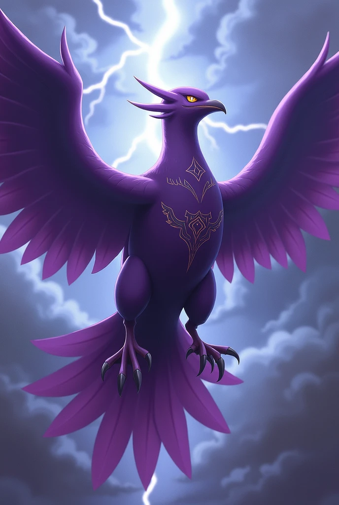 Legendary Pokemon of a dove with strong, dark purple colors