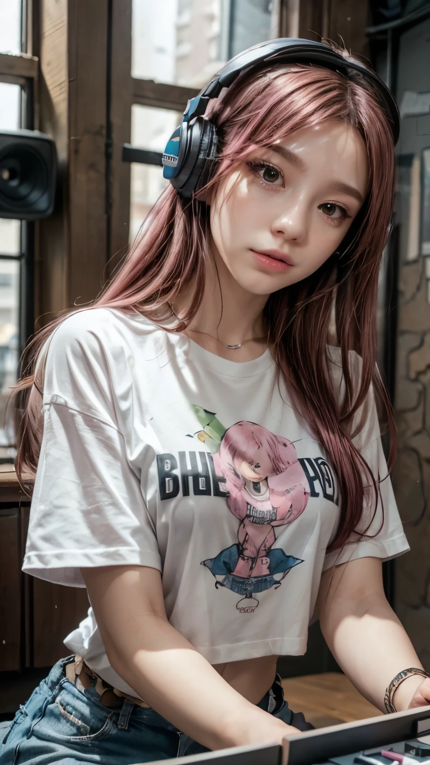 Pink Hair, Paper by Morena Clara, Female DJ,With gal make-up, DJ Turntable,Tight T-shirt,Denim pants,Put on headphones,Upper Body