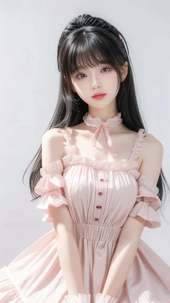 Super cute black hair,Pink Lolita dress girl. 8K ultra-high quality, Delicate texture, Pure white background.