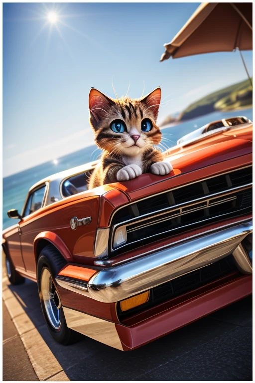 (Highest quality、masterpiece、8k))、Anatomically correct、Very detailed、High resolution、Cinematic lighting、Realistic、((Beautiful, sparkling, detailed eyes))、Intricate details、((Dynamic composition))、((かわいいkitten))、Big head、((Classic Cars))、((photographの白いフレーム))、coastline、((A composition with depth from an angle))、((driver､kitten))、photograph、(((White border)))、車に乗るkitten