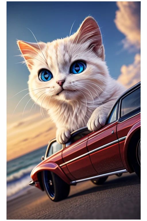 (Highest quality、masterpiece、8k))、Anatomically correct、Very detailed、High resolution、Cinematic lighting、Realistic、((Beautiful, sparkling, detailed eyes))、Intricate details、((Dynamic composition))、((かわいいkitten))、Big head、((Classic Cars))、((photographの白いフレーム))、coastline、((A composition with depth from an angle))、((driver､kitten))、photograph、(((White border)))、車に乗るkitten