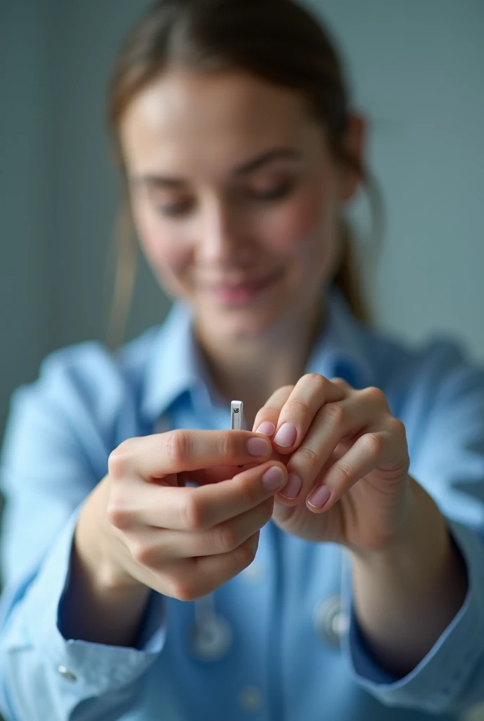 The image focuses on the hand of a person, With the index finger extended, as a nurse approaches with a small device in the other hand.

The main focus is on the finger and the tip of the device that the nurse is bringing close to the skin. The image shows only this interaction between the subject's hand and the nurse's hand, without showing other details of the environment.

The nurse has an expression of concentration and care as she brings the device closer to the finger. Her fingers delicately hold the subject's hand to keep it stable and positioned correctly.

The device the nurse is holding appears to be a small microchip or technological implant. It has a compact and discreet appearance, with a minimalist design and possibly metallic or silver.

The scene lighting is soft and direct, creating subtle shadows that highlight the texture of the skin and the details of the finger and the microchip.

The image background is blurred and free of distractions, keeping the focus solely on the moment the microchip is being implanted.

