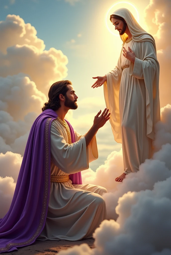 (photorealism:1.2), handsome and hunk Jesus Christ, kneel and kissing  the foot of virgin Mary floating from the heaven that sorrounded of many clouds, wearing and cover his body of the elegant purple gown of the king sorrounded of many diamonds with light in his head and heart spreading all over, the eyes is close while praying, complete five finger, real feet, real beautiful hair, real image, heaven outdoors, bright lighting, clouds in background, beautiful light, real heaven and clouds, relaxed pose, realistic, intricate details, bright colors,