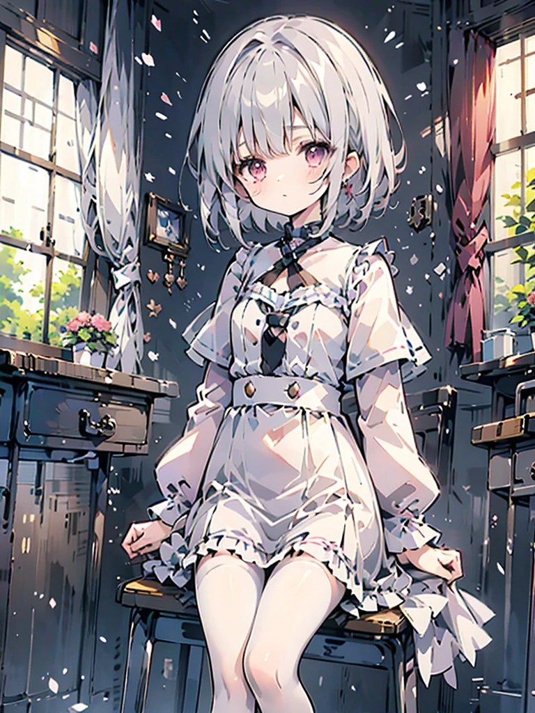 (8k、Best image quality、Highest quality、masterpiece)、Detailed face、1 person、Dark silver hair、Bobcut、Pink inner hair、Pink Eyes、Earrings、White shirt、Long sleeve、((Removed buttons))、Cleavage、Black pleated skirt、((White and black striped panties))、White socks、loafers、Sitting, Raise your knees、Facing the camera、On a desk in the classroom、midnight
