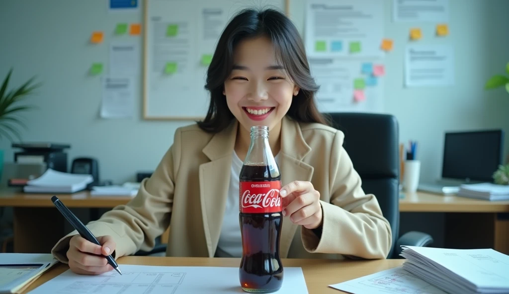 A happy Korean woman,  excitedly drinks Coca-Cola at an office, desk, in the workplace, sitting at a desk with a computer and many documents on it, in daylight, cool light, 