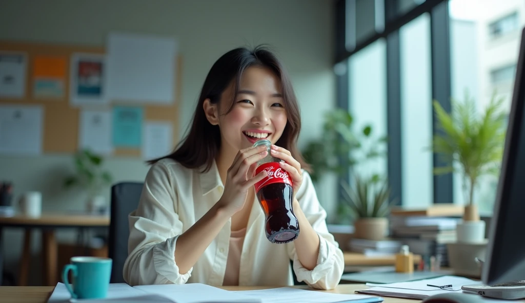 A happy Korean woman, excitedly drinks Coca-Cola at an office, desk, in the workplace, sitting at a desk with a computer and many documents on it, in daylight, cool light,