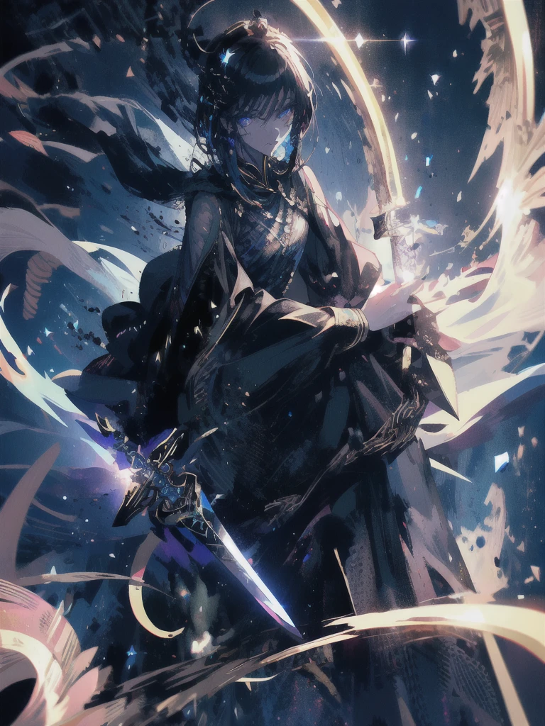 Holding a one-handed sword、Please take the black sword.、((masterpiece, highest quality, Super detailed, High resolution)), alone, beautiful girl, shining eyes, perfect eyes, , black white gold theme,