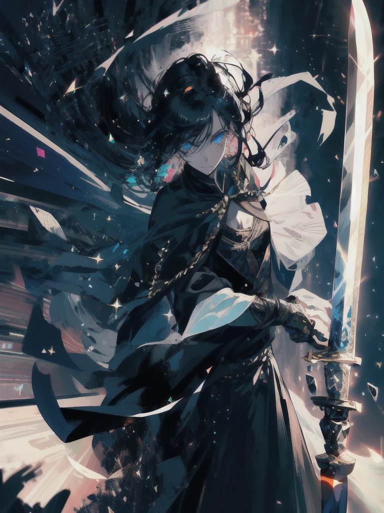 Holding a one-handed sword、Please take the black sword.、((masterpiece, highest quality, Super detailed, High resolution)), alone, beautiful girl, shining eyes, perfect eyes, , black white gold theme,