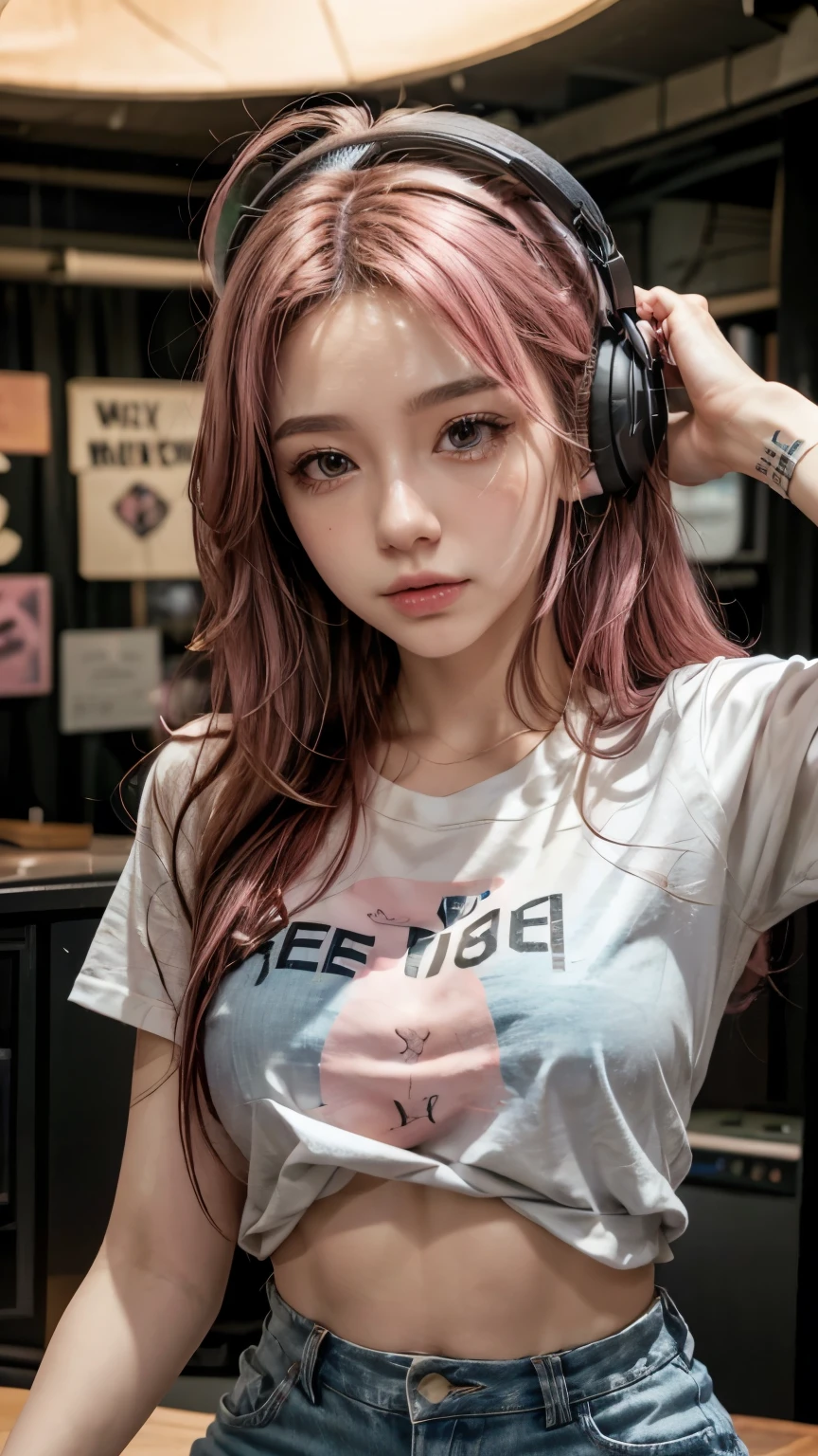 Pink Hair, Paper by Morena Clara, Female DJ,With gal make-up, DJ Turntable,Tight T-shirt,Denim pants,Put on headphones,Upper Body