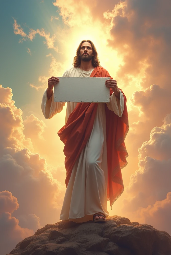 Wonderful Jesus Christ holding a blank sign with a splendid sky in the background