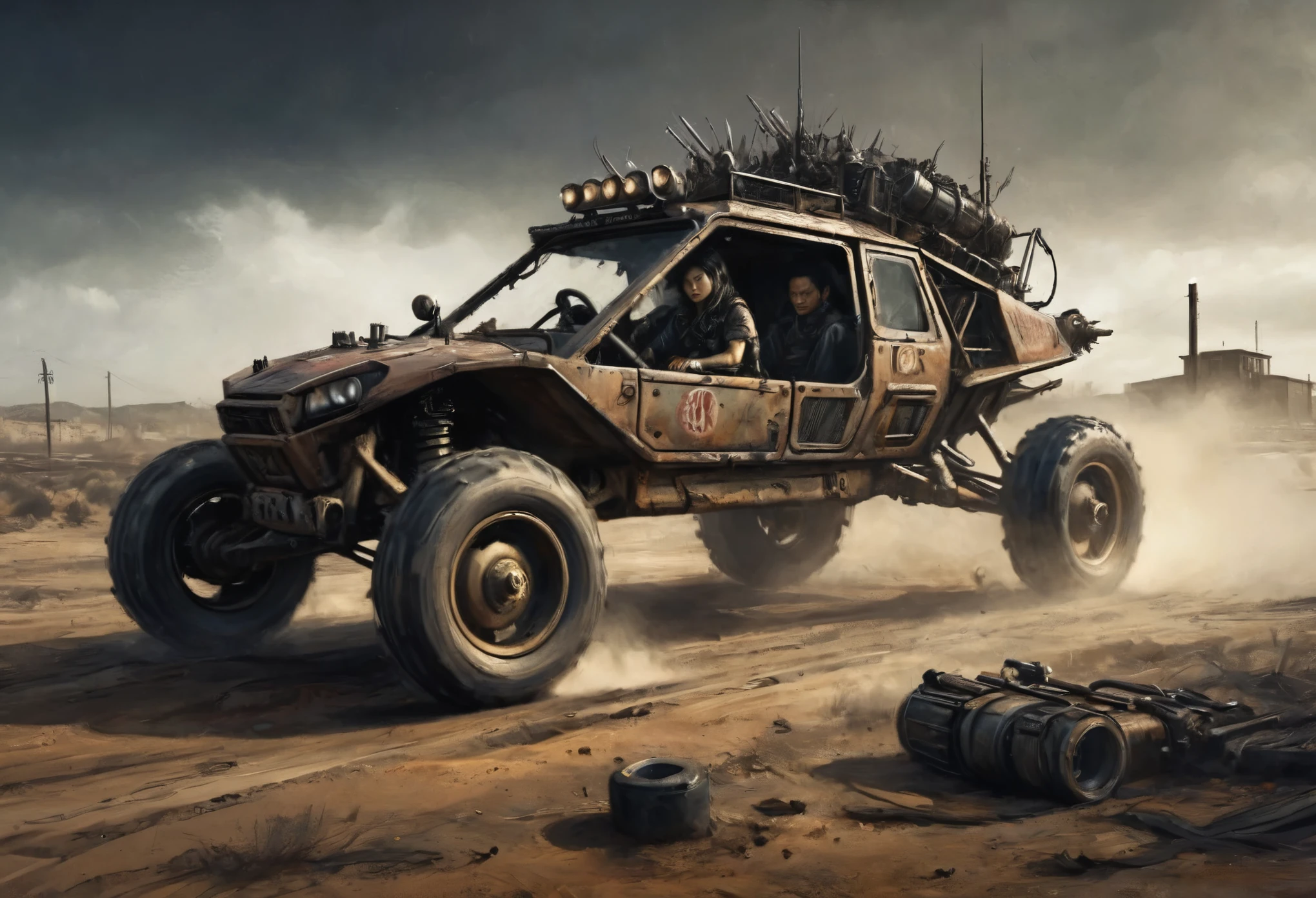 a post-apocalyptic wasteland, rail buggy with spikes, guns, and lights, driven by a cannibal mutant (Kelly Hu, 25, sexy leathers, mohawk, tattoos), low angle view, action photography, cinematic lighting, photorealistic, 8k, highly detailed, gritty, dystopian, moody atmosphere, desaturated color palette, dramatic shadows, dust and debris, cinematic composition, intense motion blur, powerful engine sounds, dust clouds
