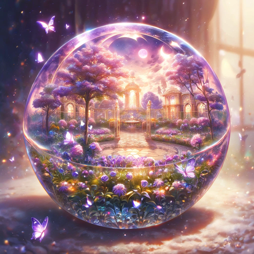 absurdres, highres, ultra detailed, HDR) master piece, best quality, extremely detailed, The World After The Fall, fantasy, magical, radiant, dust, purple flames, purple moon, purple flowers, purple butterflies, garden