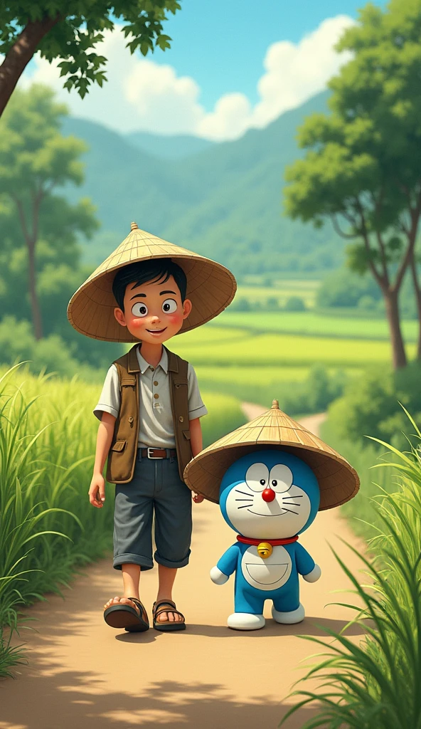 Uncle Tam, the farmer, walks on the road with Doraemon, both wearing conical hats., The scenery on both sides is trees,grass, Rice fields