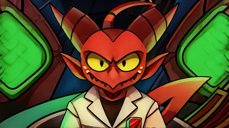 (masterpiece, best quality:1.2), Imp, evil face, wearing scientist clothes, futuristic laboratory background