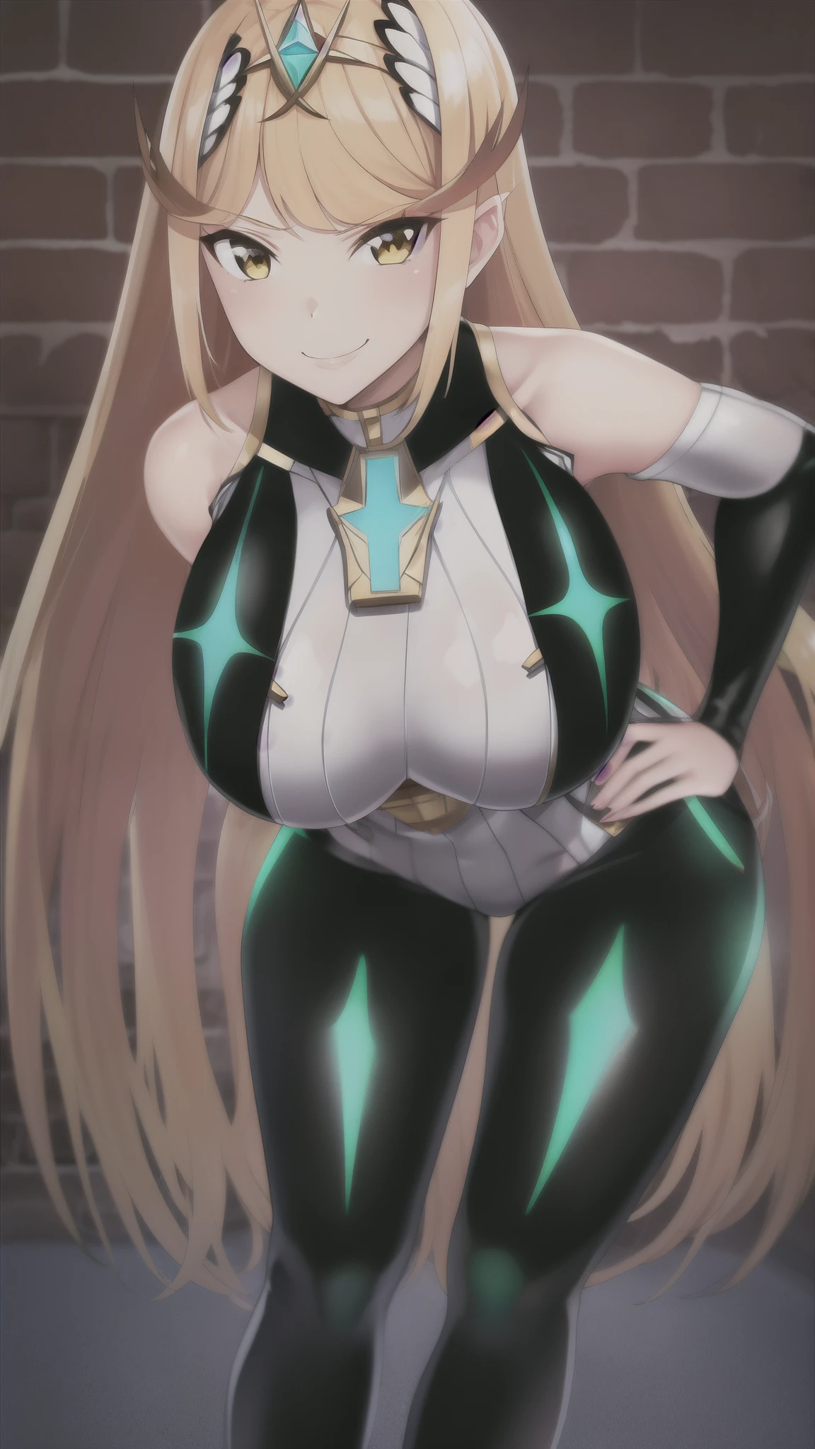 mythra, 1girl, solo, long_hair, breasts, looking_at_viewer, smile, bangs, blonde_hair, large_breasts, yellow_eyes, red_bodysuit, black_bodysuit, latex, cellar, dark, smirk, hand_on_own_hip, hanging_breasts, from_below, (leaning_forward:1.2)