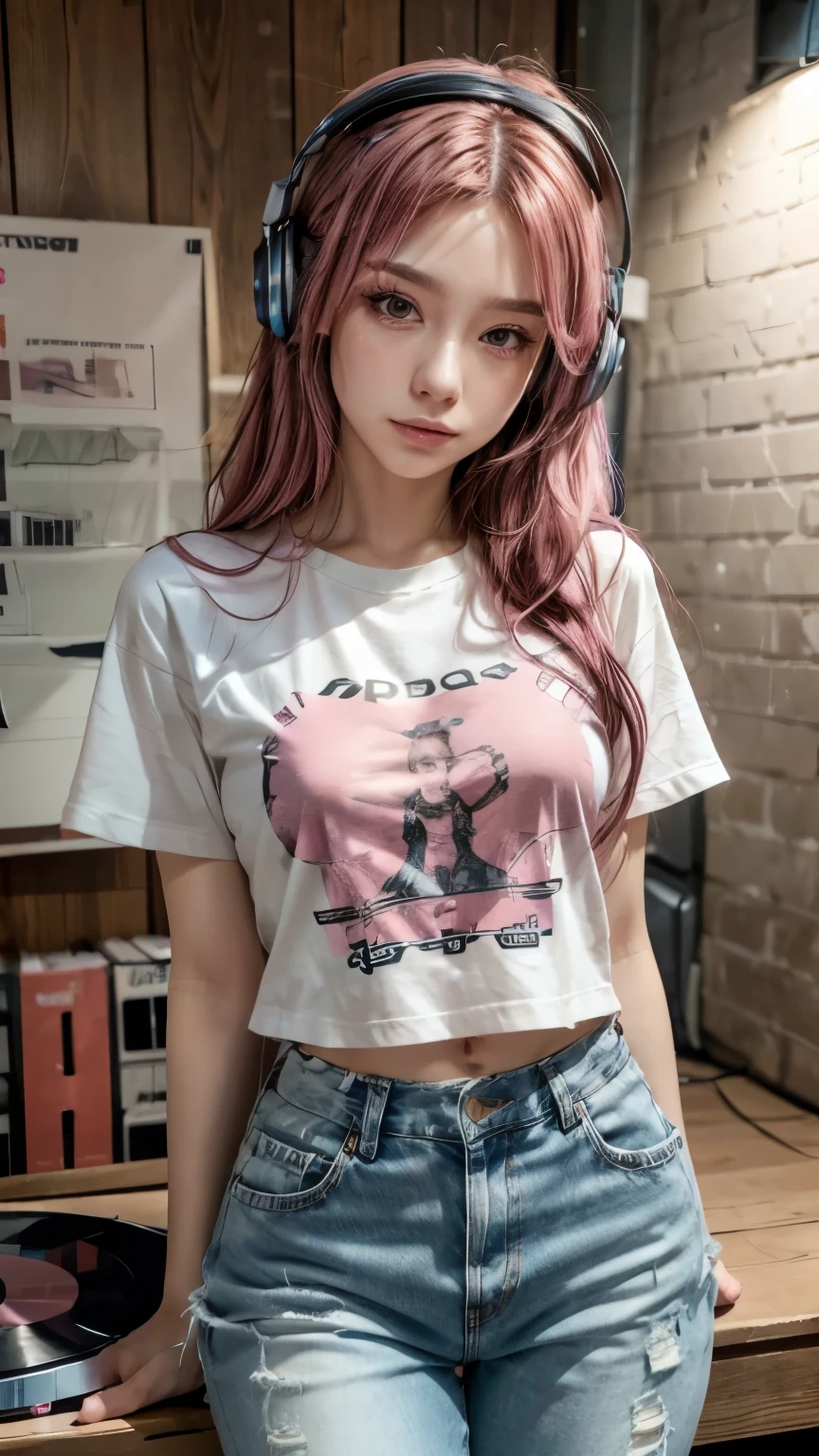 Pink Hair, Paper by Morena Clara, Female DJ,With gal make-up, DJ Turntable,Tight T-shirt,Denim pants,Put on headphones,Upper Body