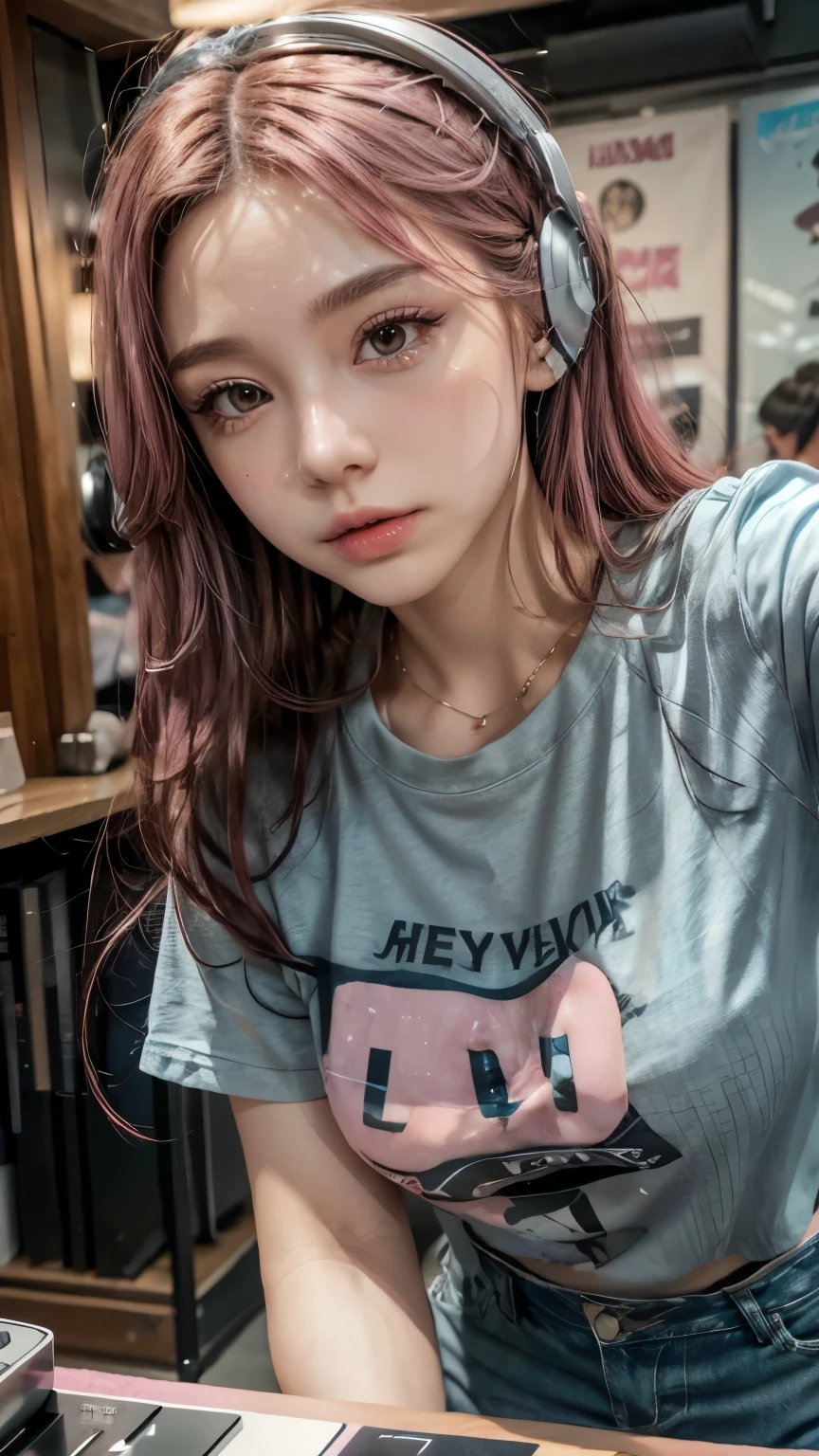 Pink Hair, Paper by Morena Clara, Female DJ,With gal make-up, DJ Turntable,Tight T-shirt,Denim pants,Put on headphones,Upper Body