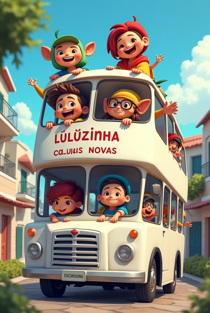 A double-decker bus with 4 friends on top of the bus with the words going to Caldas Novas written on it and with a logo saying NB EXCURSIONS, the bus is white and the four friends are dressed up as if they were in the universe of Luluzinha