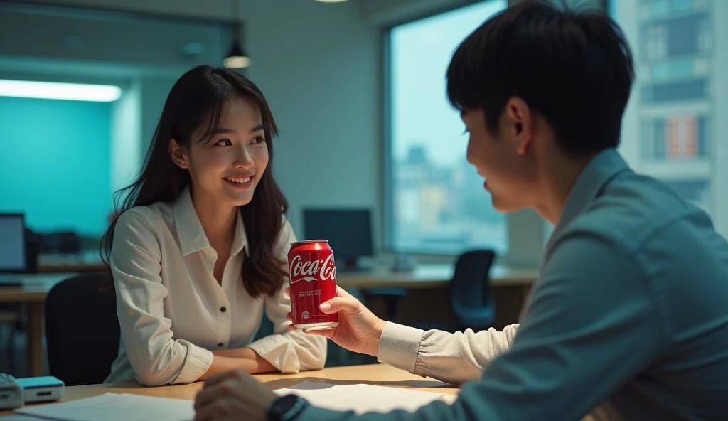 portrait of a Korean beautiful woman and a man, in office, The boy gave the girl a can of coca-cola, the girl was surprised, daylight, cool light, professional image, professional picture, high quality portrait, photo portrait, an epic non - binary model, professional portrait, photo still, color portrait, creative coder with a computer, cinematic lens , photography , her face is grimace, looking at documents,