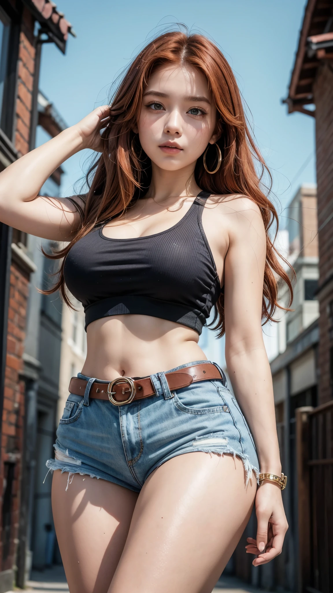 1 woman,Thoroughness, analog style, eye focus, best quality, (very detailed skin), Photo of an exquisitely beautiful pale skin punk Dutch girl, 21 years old, (Wearing Harness, tank top and beanie), perfect face, alluring eyes, [Seductive makeup], skin pores, (piercing:0.5), outdoor covered in snow, in front of the stairs, (bokeh:0.6), sharp focus, dappled lighting, (backlight:0.7), film grain, Sony A7R IV로 촬영, 18mmF/1.7 Cine Lens, (very detailed, intricately detailed), 8K, HDR, Posing seductively, front view, (upper body:0.9)