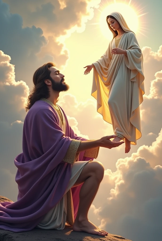 (photorealism:1.2), handsome and hunk Jesus Christ, kneel and kissing  the foot of virgin Mary floating from the heaven that sorrounded of many clouds, wearing and cover his body of the elegant purple gown of the king sorrounded of many diamonds with light in his head and heart spreading all over, the eyes is close while praying, complete five finger, real feet, real beautiful hair, real image, heaven outdoors, bright lighting, clouds in background, beautiful light, real heaven and clouds, relaxed pose, realistic, intricate details, bright colors,