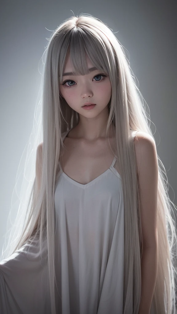 1 girl, teenager, 10 year old, inside dark studio, sitting, background horror , horror, darkness, sharp focus, cinematic lighting, Nsfw, white hair, aodai