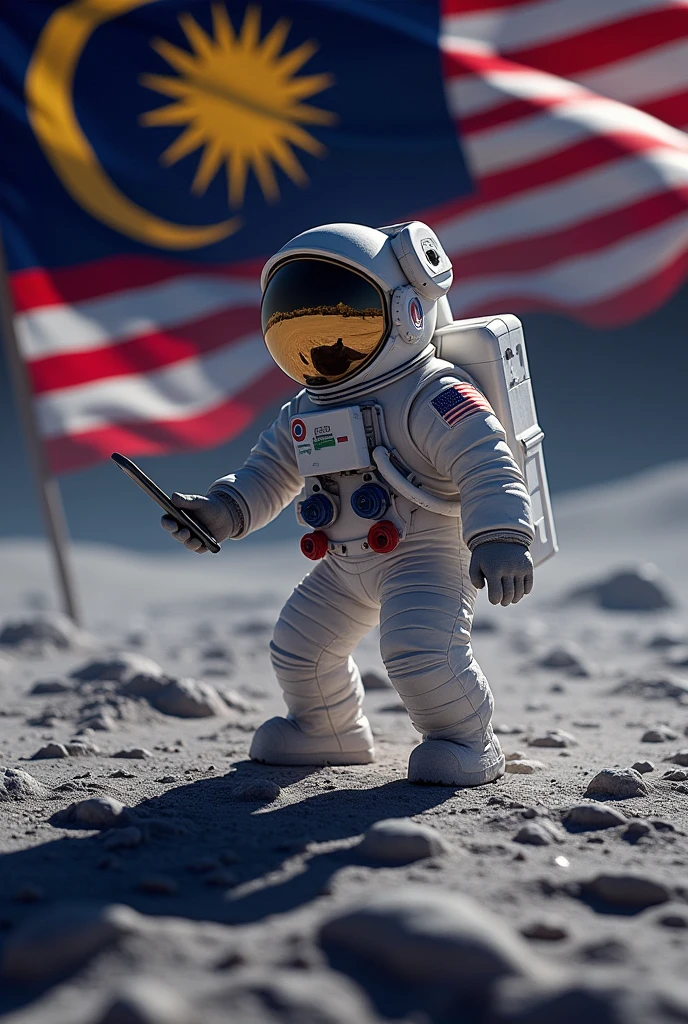 a Malaysia flag on the mercury,Malaysia astronaut taking a selfie,man height body average 45 year old detailed space suit,detailed Malaysia flag,detailed lunar landscape,dramatic lighting,cinematic angle,hyperrealistic,photorealistic,8k,unreal engine,stunning,vibrant colors,dramatic shadows,volumetric lighting,intricate details.
