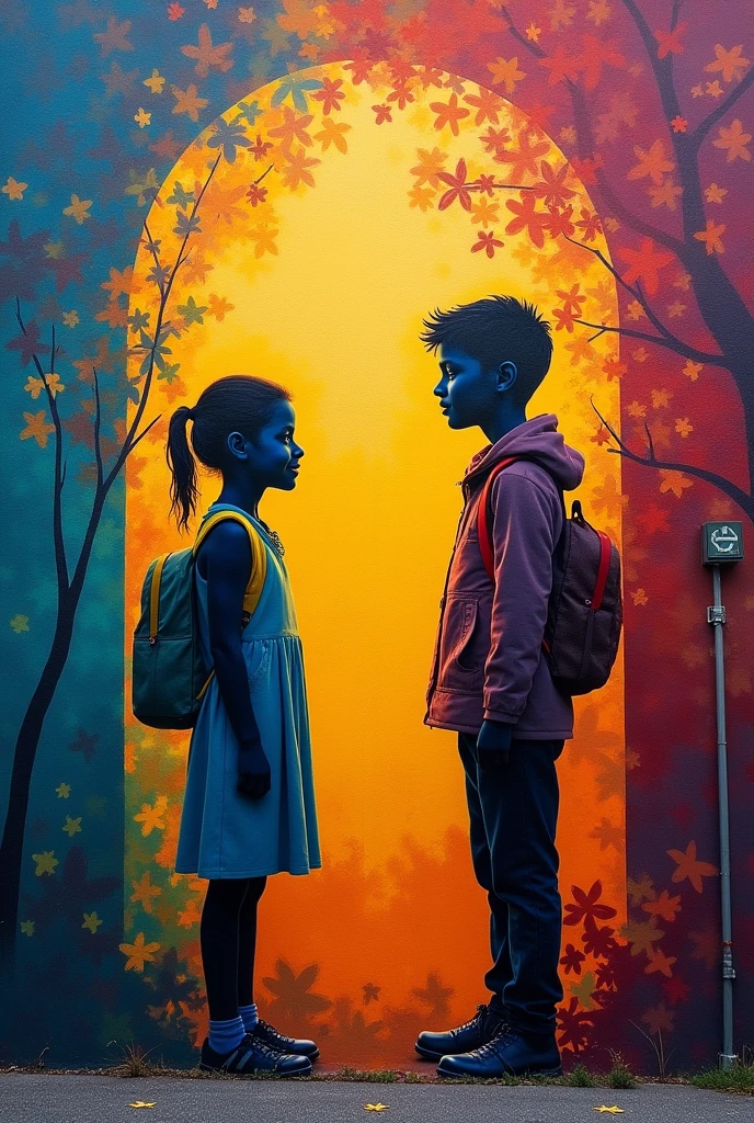 A school values mural in muralist art, that simply has two silhouettes and that gives the concept of values 