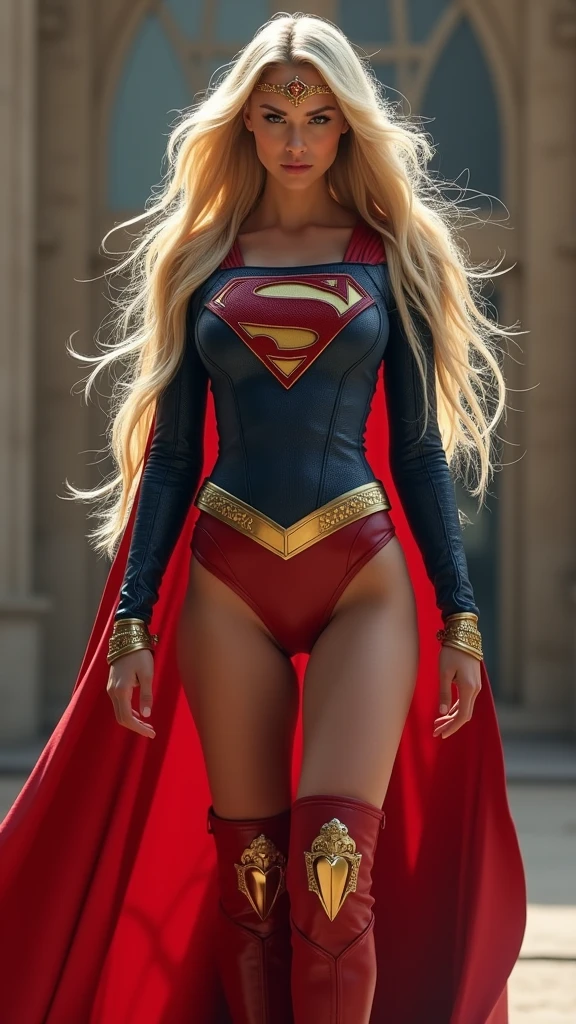 A beautiful woman with long blonde hair, three feet long, wearing the Kryptonian Kara zor-El alias Supergirl suit. Blue and red leather jacket, red corset with the Superman emblem on her chest, red leather pants, red knee-high boots with a gold border, long gold bracelets, Diaema with a Superman logo or emblem on her forehead.