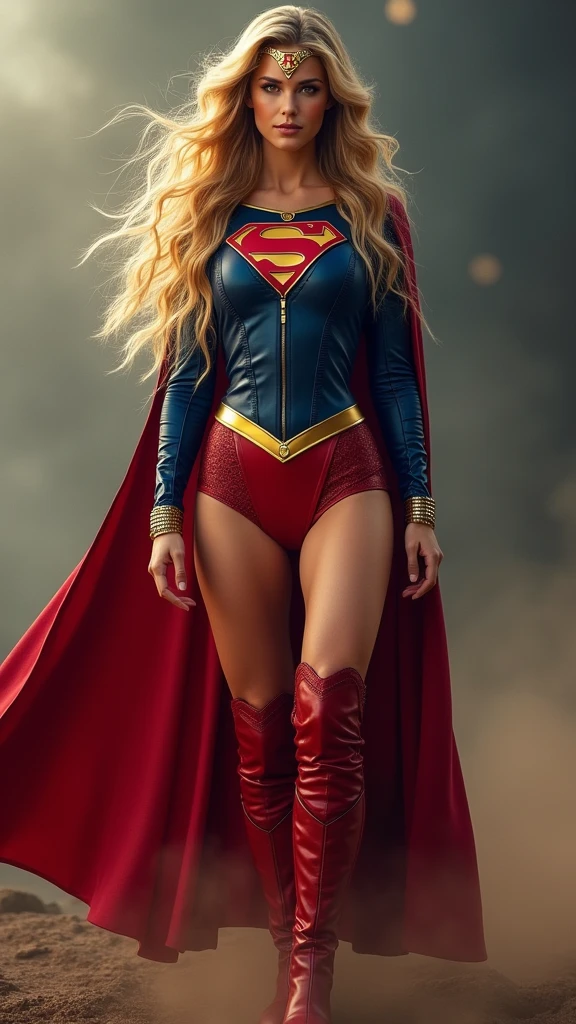 A beautiful woman with long blonde hair, three feet long, wearing the Kryptonian Kara zor-El alias Supergirl suit. Blue and red leather jacket, red corset with the Superman emblem on her chest, red leather pants, red knee-high boots with a gold border, long gold bracelets, Diaema with a Superman logo or emblem on her forehead.