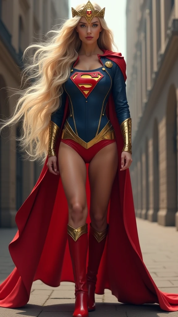 A beautiful woman with long blonde hair, three feet long, wearing the Kryptonian Kara zor-El alias Supergirl suit. Blue and red leather jacket, red corset with the Superman emblem on her chest, red leather pants, red knee-high boots with a gold border, long gold bracelets, Diaema with a Superman logo or emblem on her forehead.