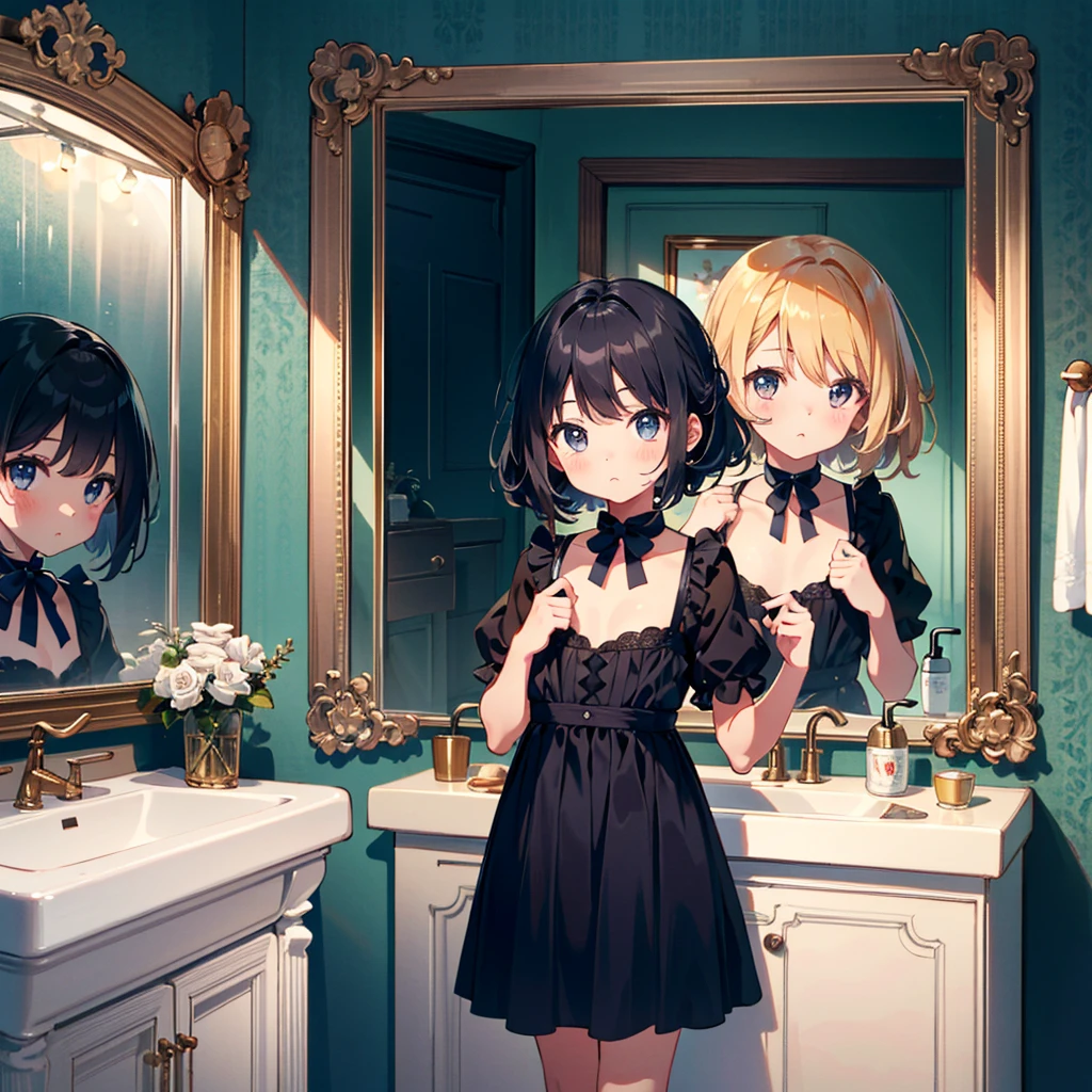 {{{Masterpiece, highest quality, high resolution background}}}, Bright and beautiful atmosphere, 1 girl (, round face, baby face), small breasts, girl posing in front of the mirror, bathroom, cute dress, A girl with a strange face, "deltamon_sdXL :0.73)>Deltamon"
