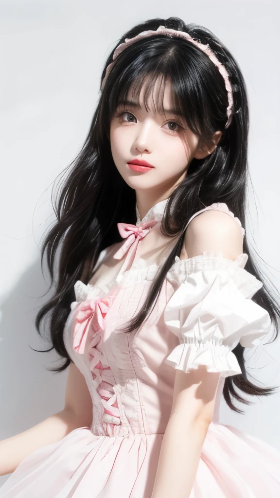 Super cute black hair，Pink Lolita dress girl. 8K ultra-high quality, Delicate texture, Pure white background.