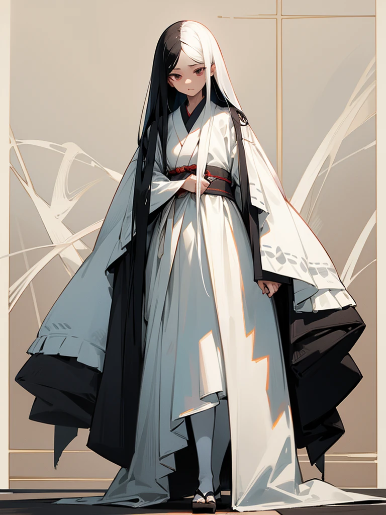 Girls couple. The first woman is tall, dominant woman, tanned, long straight black hair, athletic build. The other woman is submissive woman, short stature, Pale skin, long straight white hair, slender or fragile build. Feudal Japan. Kimono dressed