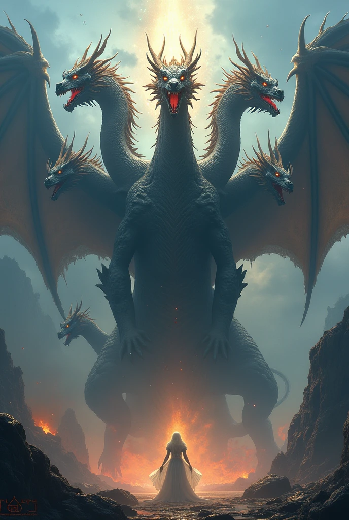 Create a 7-headed dragon between good and evil