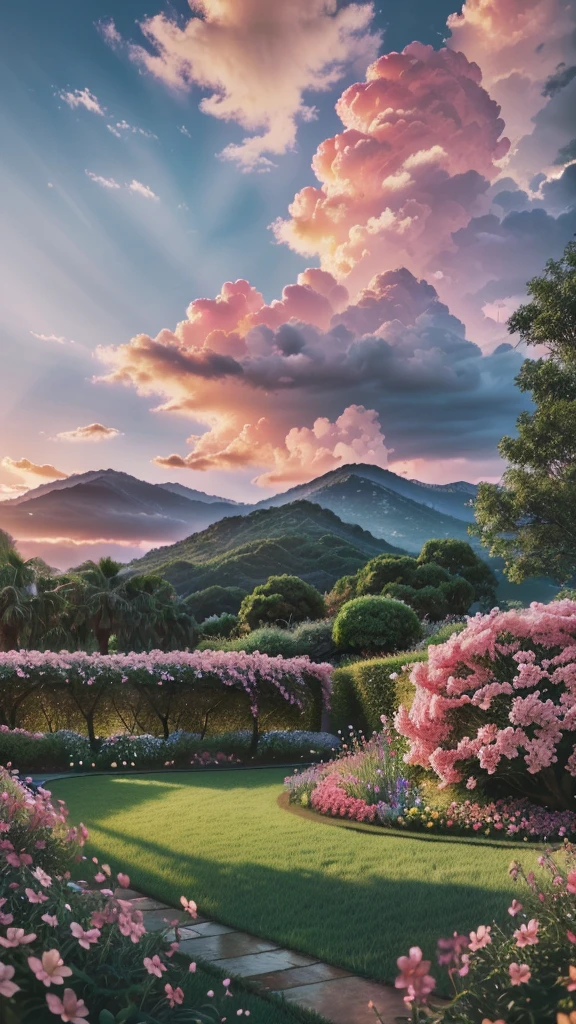 a beautiful lush garden, pink flowers in bloom, serene and peaceful landscape, dynamic lighting, dramatic sky with clouds, (best quality,4k,8k,highres,masterpiece:1.2),ultra-detailed,(realistic,photorealistic,photo-realistic:1.37),vibrant colors,warm color tones,natural lighting,stunning scenery,breathtaking vista,cinematic composition,environmental portrait