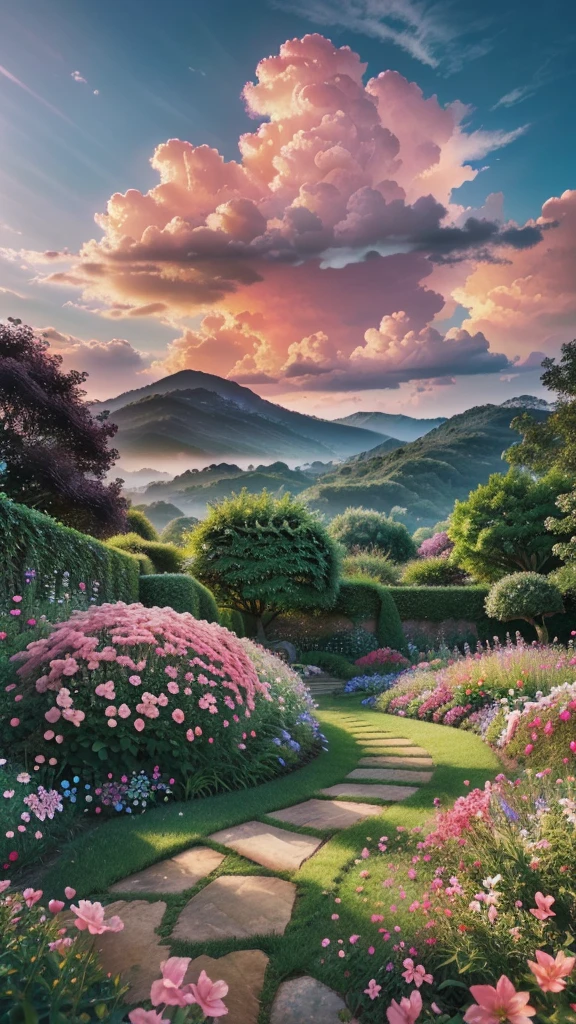 a beautiful lush garden, pink flowers in bloom, serene and peaceful landscape, dynamic lighting, dramatic sky with clouds, (best quality,4k,8k,highres,masterpiece:1.2),ultra-detailed,(realistic,photorealistic,photo-realistic:1.37),vibrant colors,warm color tones,natural lighting,stunning scenery,breathtaking vista,cinematic composition,environmental portrait