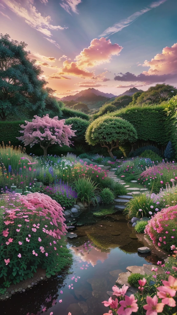 a beautiful lush garden, pink flowers in bloom, serene and peaceful landscape, dynamic lighting, dramatic sky with clouds, (best quality,4k,8k,highres,masterpiece:1.2),ultra-detailed,(realistic,photorealistic,photo-realistic:1.37),vibrant colors,warm color tones,natural lighting,stunning scenery,breathtaking vista,cinematic composition,environmental portrait